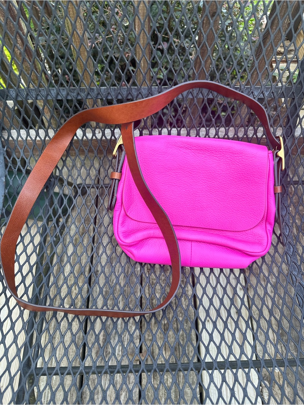 Fossil Bright Pink Crossbody Bag with Brown Strap